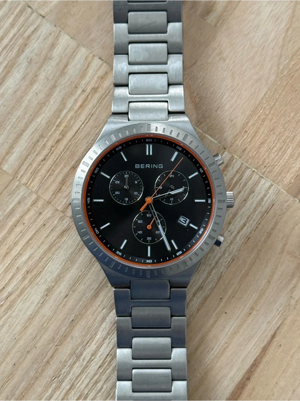 Bering Titanium Chronograph Mens Watch All Titanium Bracelet Case Black Dial